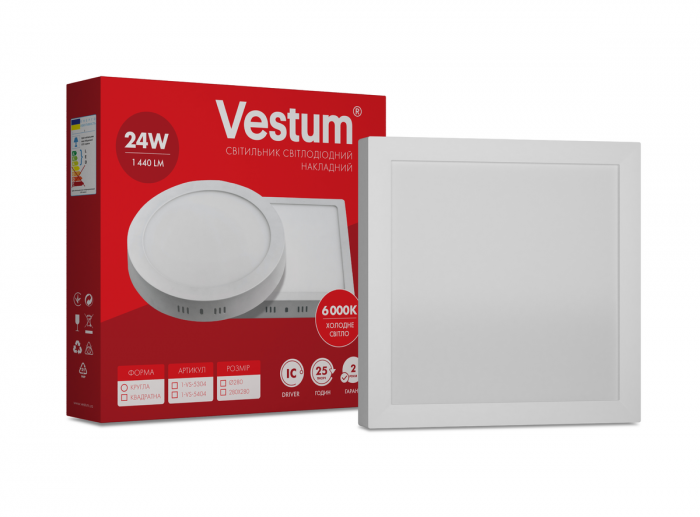 Квадратний світлодіодний накладний світильник Vestum 24W 6000K 220V 1-VS-5404