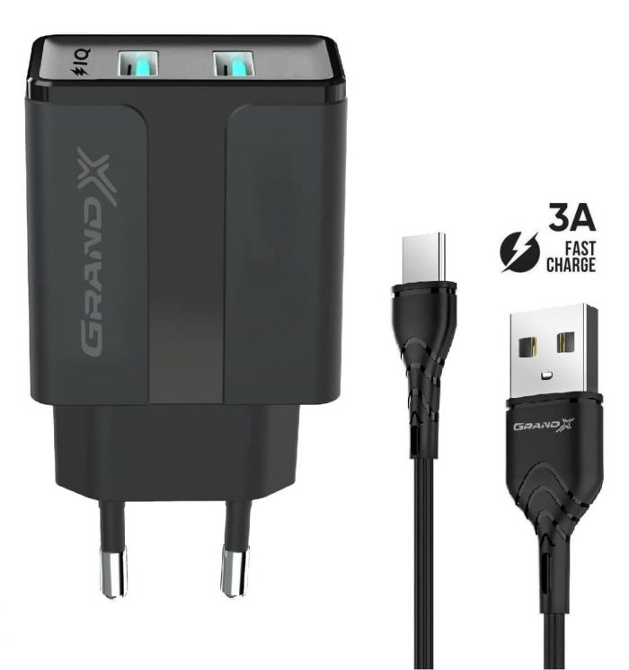 Мережевий зарядний пристрій Grand-X (2xUSB 2.4A) Black (CH-15T)