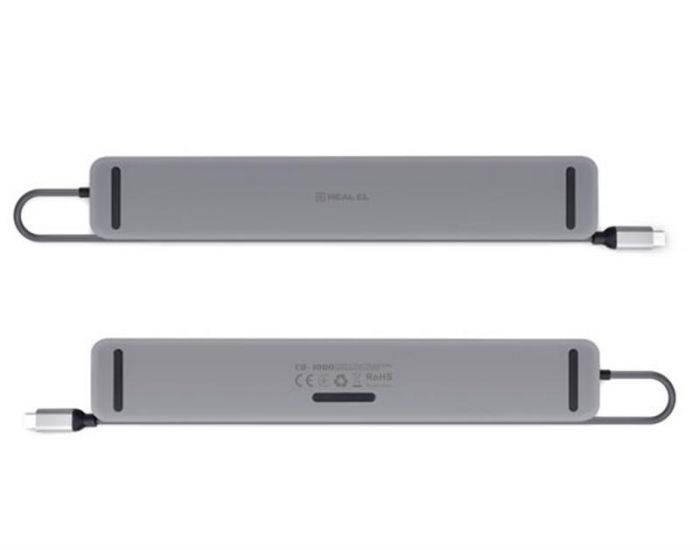 USB-хаб REAL-EL CQ-1000 USB3.0х3/USB-C/HDMI/VGA/RJ45/SD/TF/3.5 mm audio, 0.4m, Space Grey