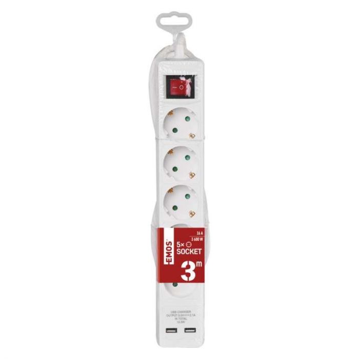 Фільтр живлення Emos (P1523RU) з вимикачем, 2xUSB, 5 розеток, 1.5мм2, 3м, White