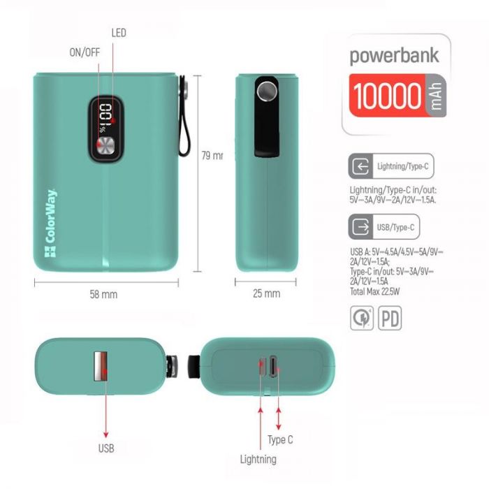 Універсальна мобільна батарея ColorWay Full Power 10000mAh Green (CW-PB100LPK2GR-PDD)