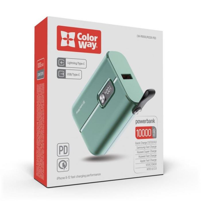 Універсальна мобільна батарея ColorWay Full Power 10000mAh Green (CW-PB100LPK2GR-PDD)