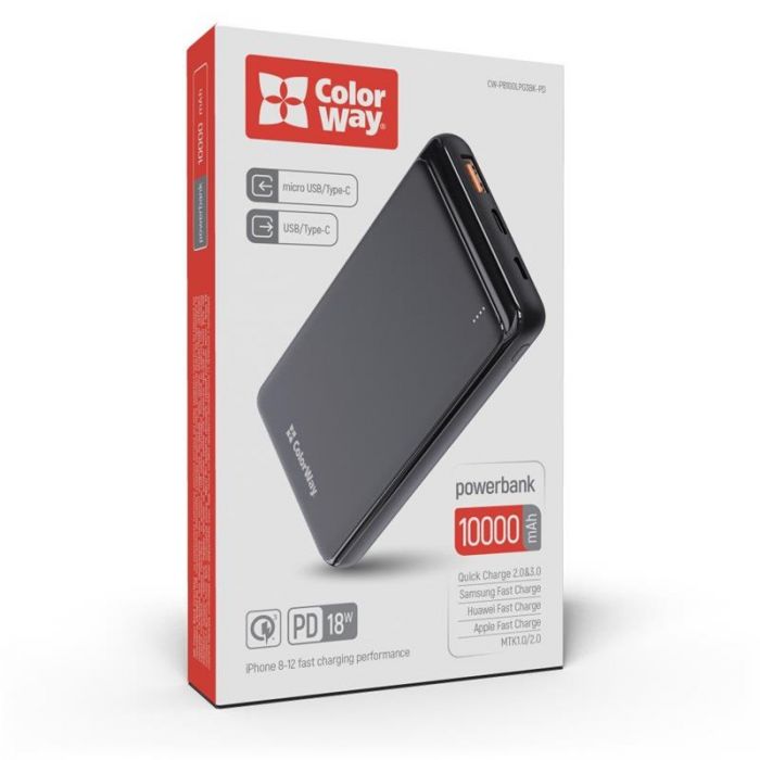 Універсальна мобільна батарея ColorWay Slim PD 10000mAh Black (CW-PB100LPG3BK-PD)