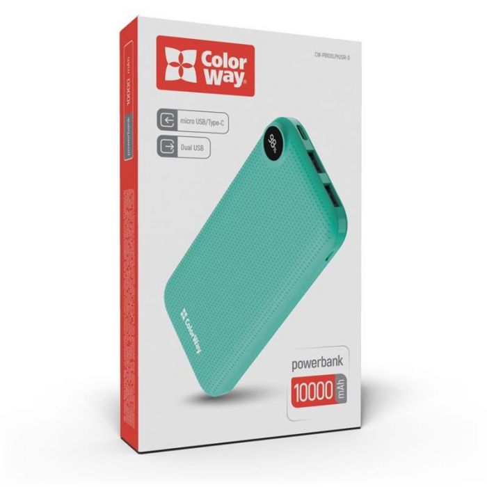 Універсальна мобільна батарея ColorWay Slim, LCD 10000mAh Green (CW-PB100LPH2GR-D)