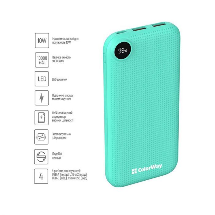 Універсальна мобільна батарея ColorWay Slim, LCD 10000mAh Green (CW-PB100LPH2GR-D)