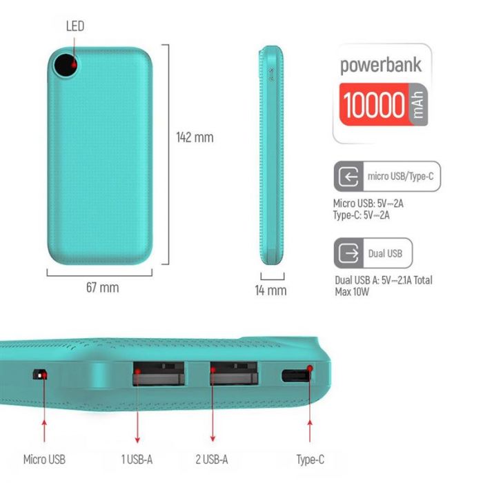 Універсальна мобільна батарея ColorWay Slim, LCD 10000mAh Green (CW-PB100LPH2GR-D)