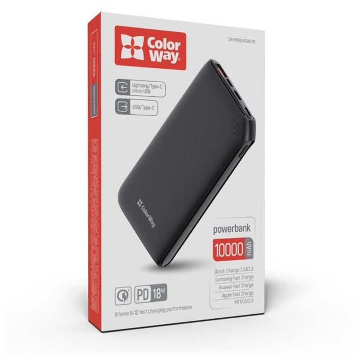 Універсальна мобільна батарея ColorWay Soft Touch 10000mAh Black (CW-PB100LPE3BK-PD)