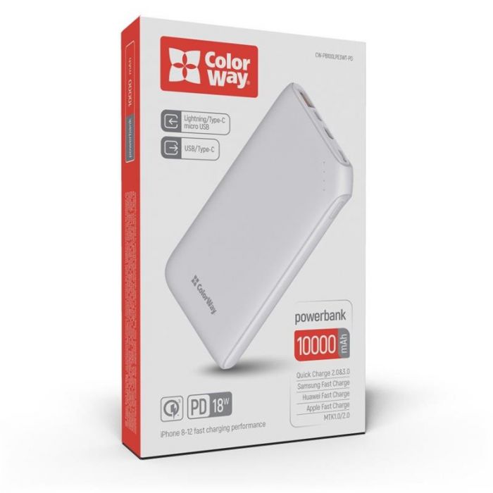 Універсальна мобільна батарея ColorWay Soft Touch 10000mAh White (CW-PB100LPE3WT-PD)