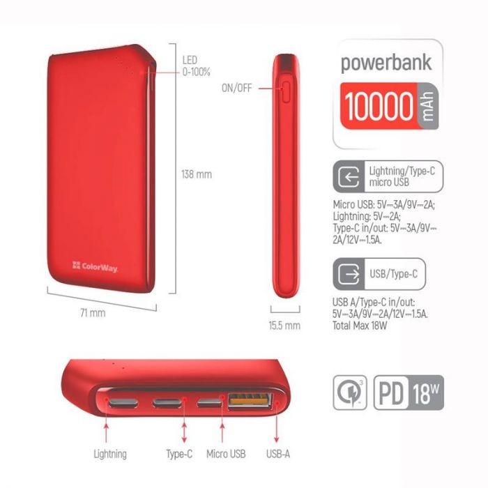 Універсальна мобільна батарея ColorWay Soft Touch 10000mAh Red (CW-PB100LPE3RD-PD)