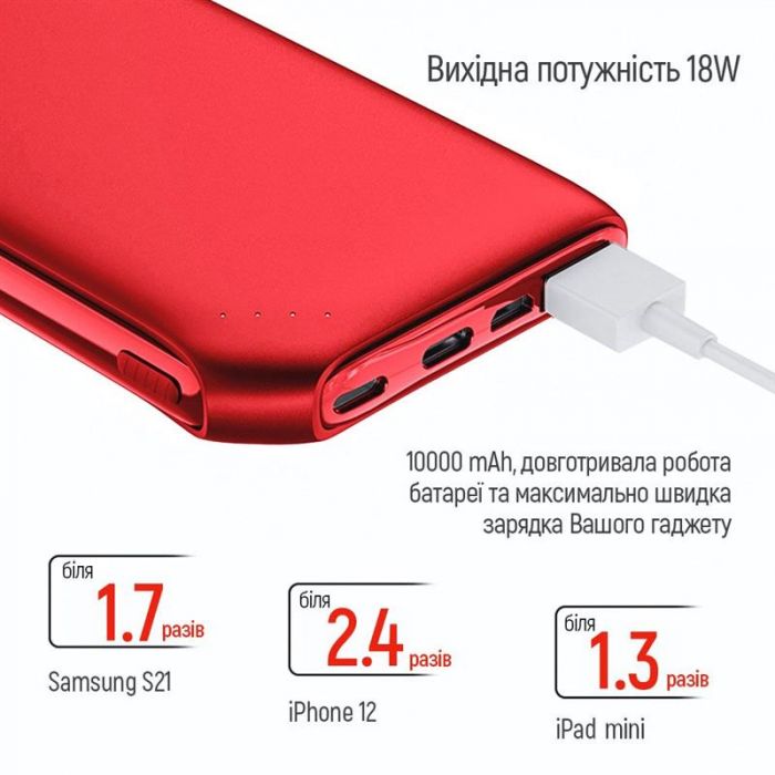 Універсальна мобільна батарея ColorWay Soft Touch 10000mAh Red (CW-PB100LPE3RD-PD)