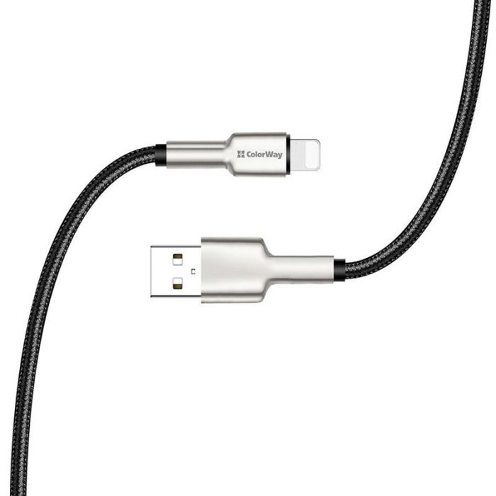 Кабель ColorWay USB - Lightning (M/M), metal head, 2.4 А, 1 м, Black (CW-CBUL046-BK)