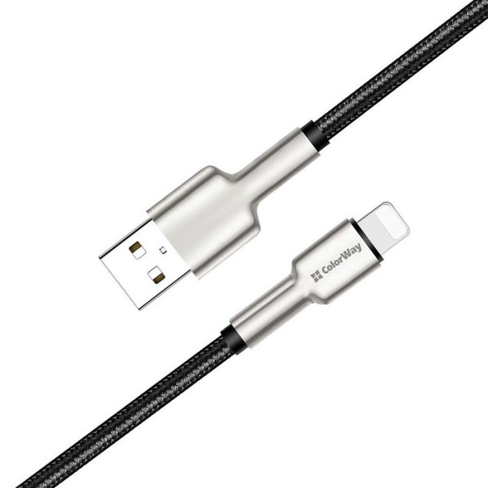 Кабель ColorWay USB-Lightning, head metal, 2.4А, 1м, Black (CW-CBUL046-BK)