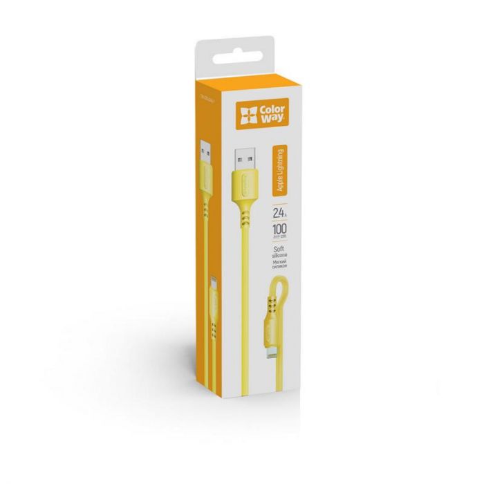 Кабель ColorWay USB-Lightning, soft silicone, 2.4А, 1м, Yellow (CW-CBUL043-Y)