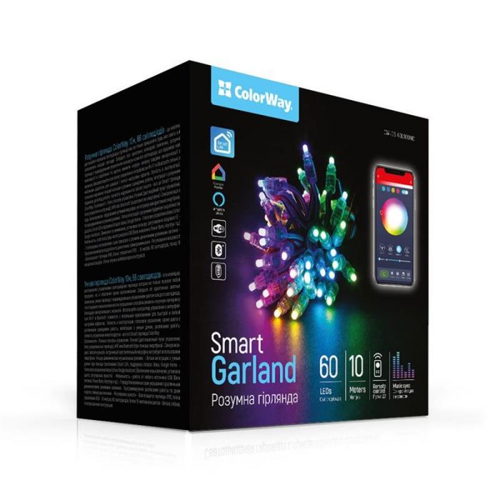 Smart LED RGB гірлянда ColorWay (CW-GS-60L10UMC) 60LED, 10м, WiFi, Bluetooth, синхронізація світла з музикою