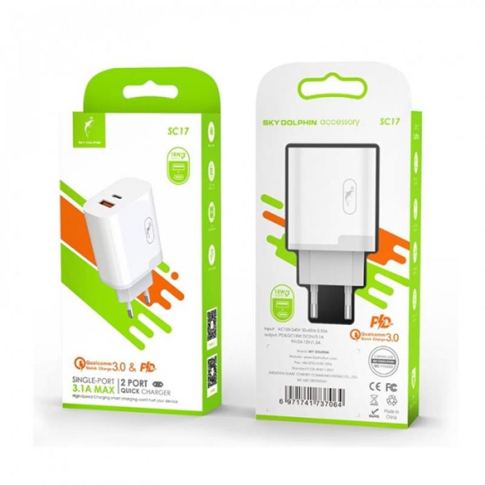 Зарядний пристрій SkyDolphin SC17 PD+QC3.0 (2USB, 3A) White (MZP-000110)