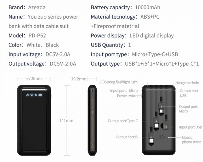 Універсальна мобільна батарея Proda Azeada PD-P62 10000mAh Black (PRD-PDP62-BK)