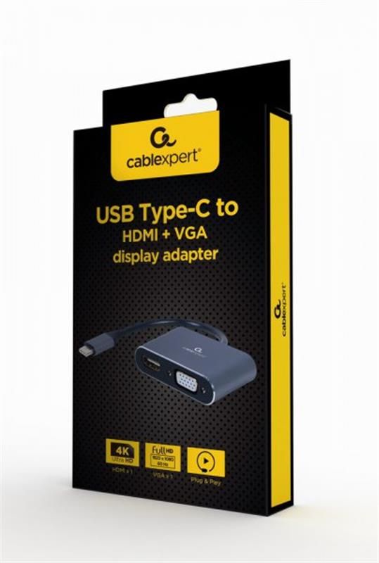 Адаптер Cablexpert USB Type-C - HDMI+VGA (M/F), 0.15 м, Black (A-USB3C-HDMIVGA-01)