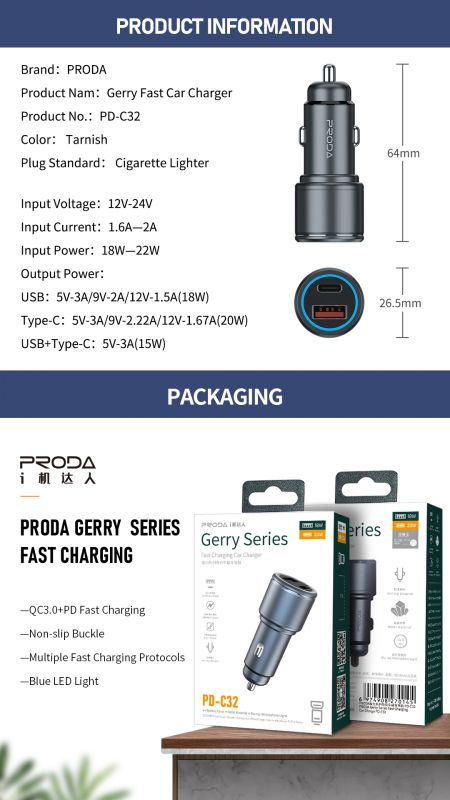 Автомобільний зарядний пристрій Proda Gerry 20W PD+QС3.0, TypeC 20W/3A + USB 18W/3A Black (PD-GR-С32-BK)