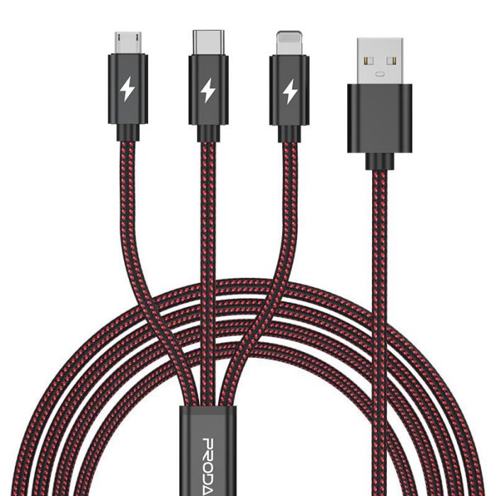 Кабель Proda PD-B65th USB-Lightning + microUSB + USB-C, 1.2м, Red