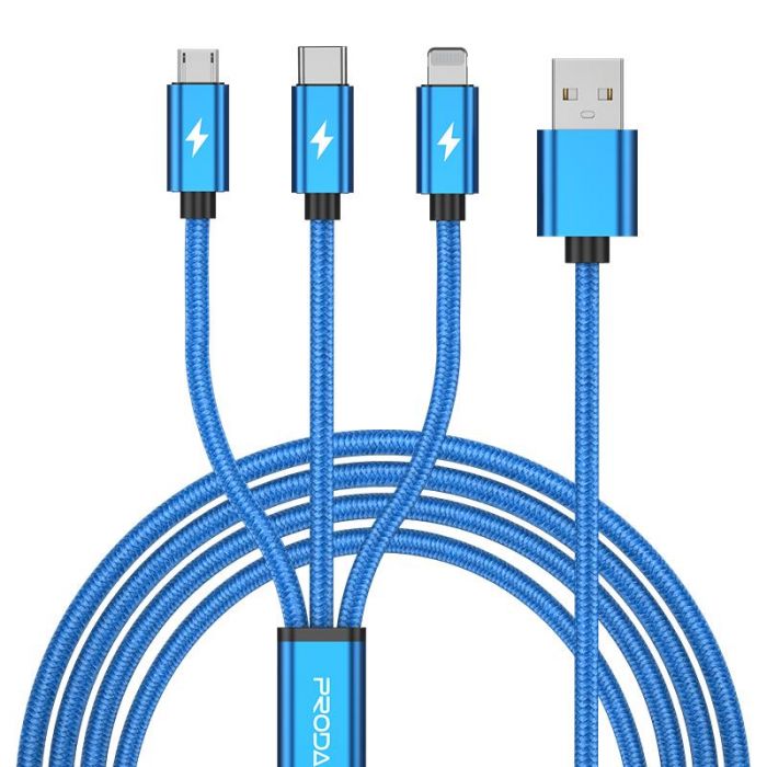 Кабель Proda PD-B65th USB-Lightning + microUSB + USB-C, 1.2м, Blue