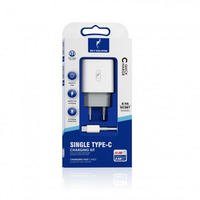 Мережевий зарядний пристрій SkyDolphin SC38T (1USBx2.4A) White (MZP-000183) + кабель USB Type-C