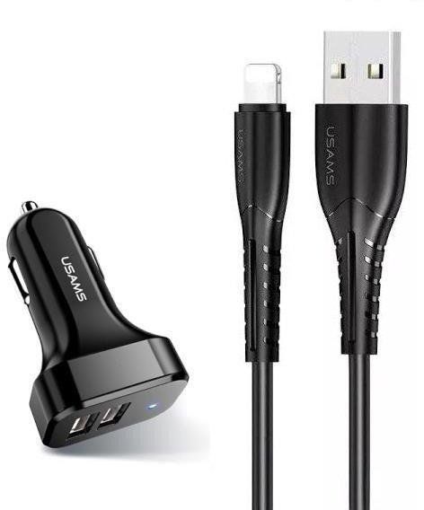 Автомобільний зарядний пристрій Usams U35 (2xUSB, 2.1A) Black (6958444985961) + кабель Lightning