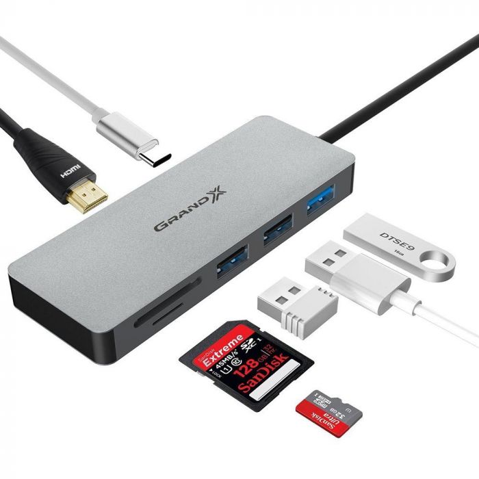 Концентратор USB 3.1 Type-C Grand-X PD Сharging HDMI/3хUSB/Type-C/OTG/CR (SG-512)