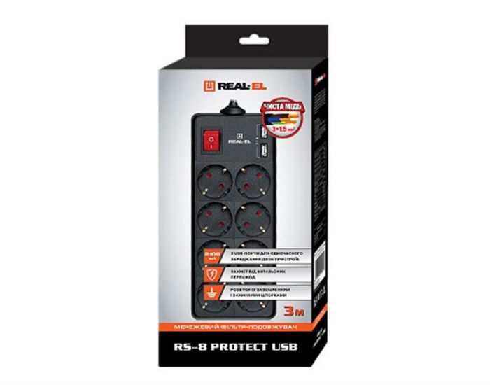 Фільтр живлення REAL-EL RS-8 PROTECT USB 1.8m чорний 