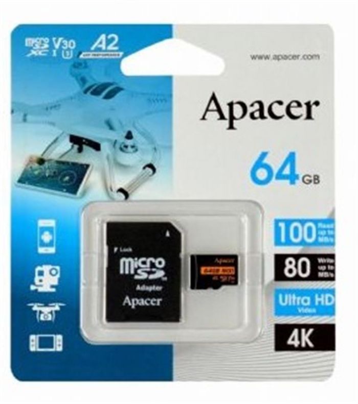 Карта пам`ятi MicroSDXC  64GB UHS-I/U3 Class 10 Apacer (AP64GMCSX10U8-R) + SD адаптер