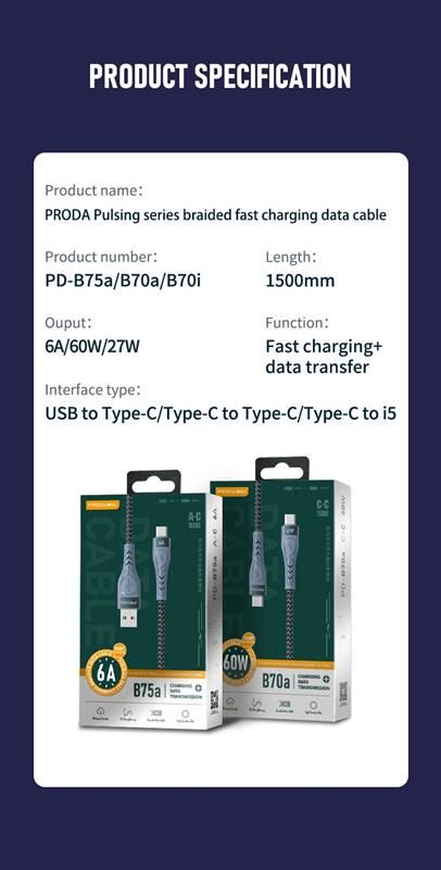 Кабель Proda PD-B70i  USB Type-C - Lightning (M/M), Pulsing Fast Charging 27W, 1.5 м, Black (PD-B70i-GR)