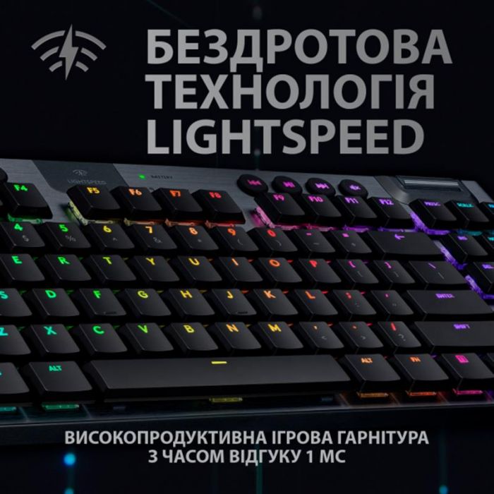 Клавiатура бездротова Logitech G915 TKL Lightspeed Wireless RGB Mechanical Carbon Clicky Switch (920-009537)