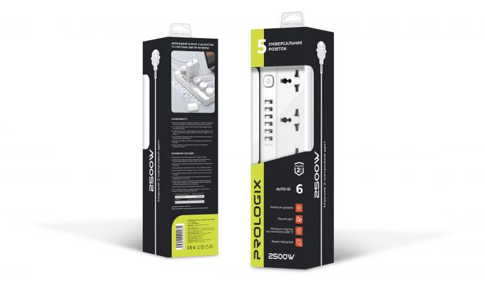 Фільтр живлення ProLogix Premium (PR-SC5614W) 5 розеток, 6 USB AUTO ID, 2 м, білий