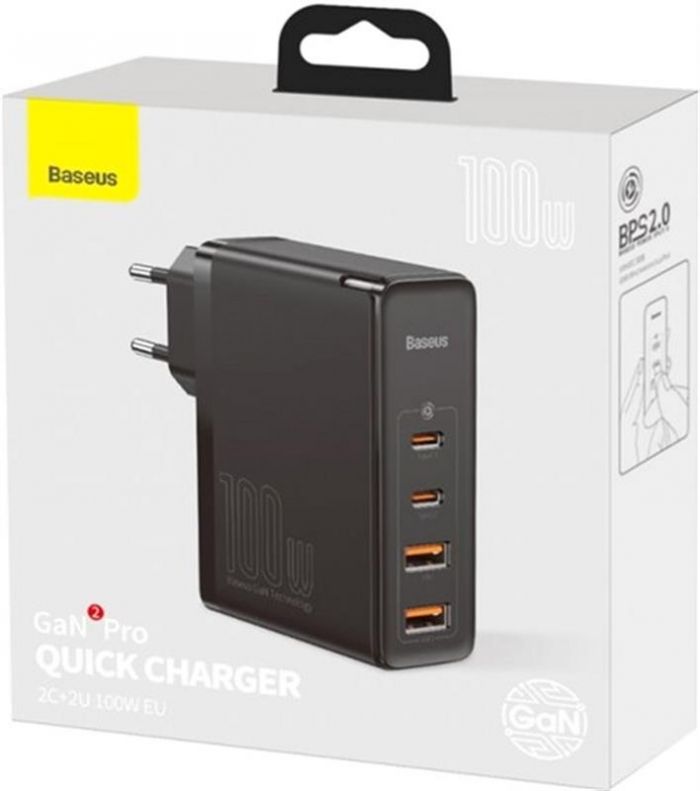 Мережевий зарядний пристрій Baseus GaN2 Pro Quick Charger 2C+2U (2xUSB-C+2xUSB-A) 100W Black (CCGAN2P-L01)