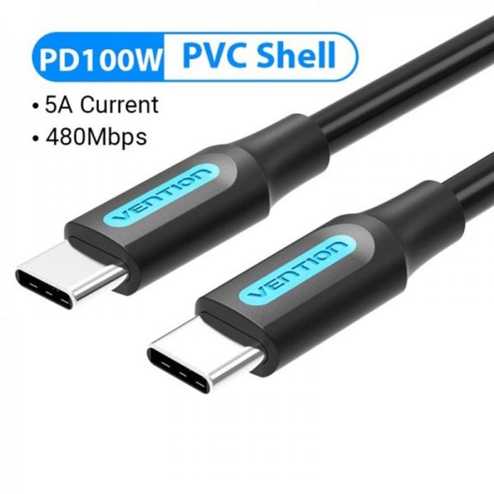 Кабель Vention USB Type-C - USB Type-C (M/M), TPE Round PD 100 W, 5 A, 2 м, Black (COTBH)