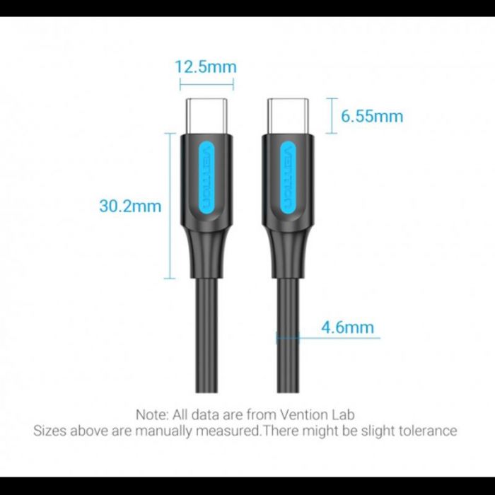 Кабель Vention USB Type-C - USB Type-C TPE Round PD 100W, 5A, 1m, Black (COTBF)