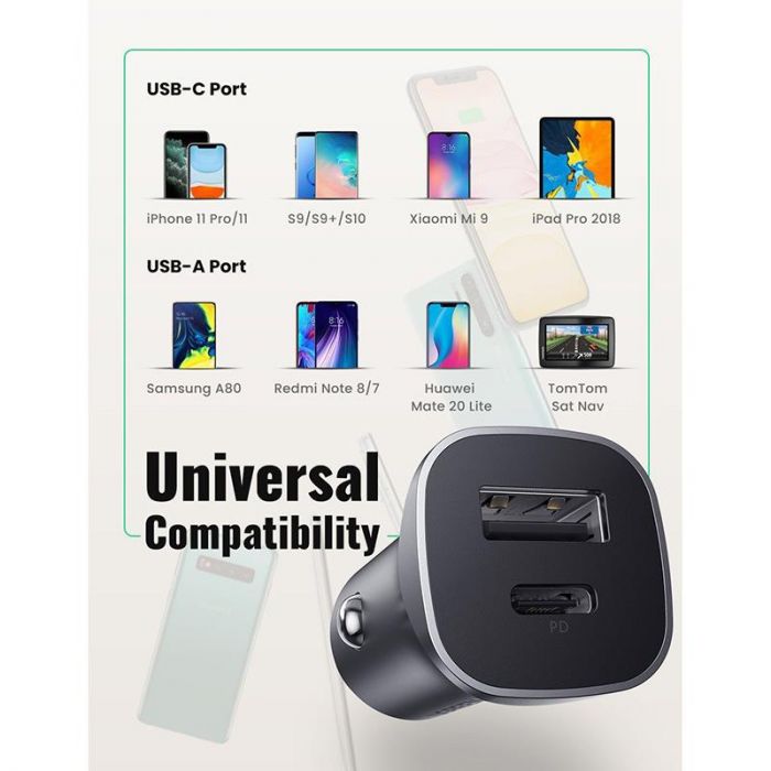 Автомобільний зарядний пристрій Ugreen CD130 (2xUSB 20W (USB-C+USB-A) QC 3.0+ Gray (30780)