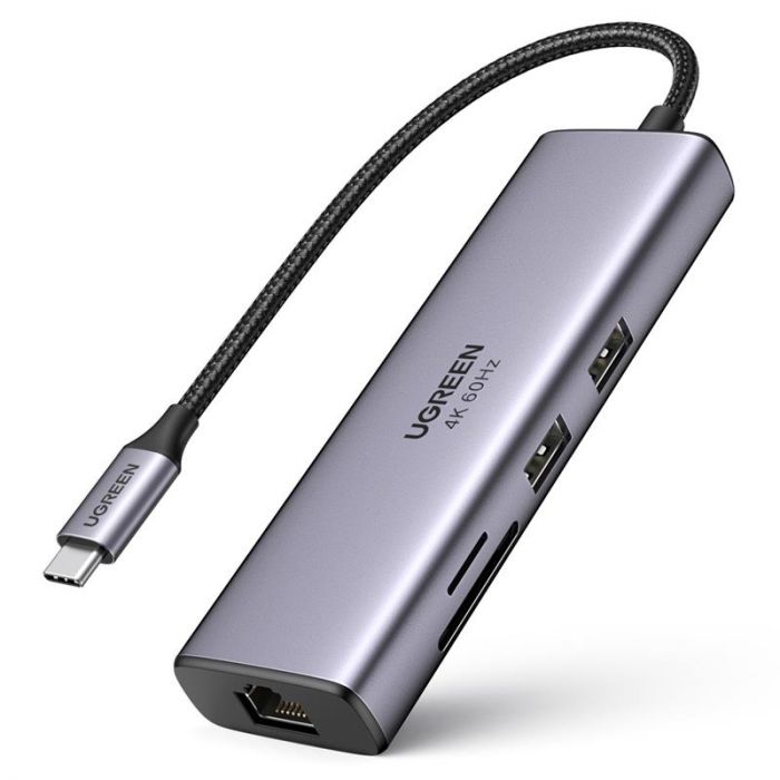 Концентратор USB Type-C Ugreen CM512 2xUSB 3.0 + HDMI + RJ45 1000M Ethernet + Cardreader, Gray (60515)