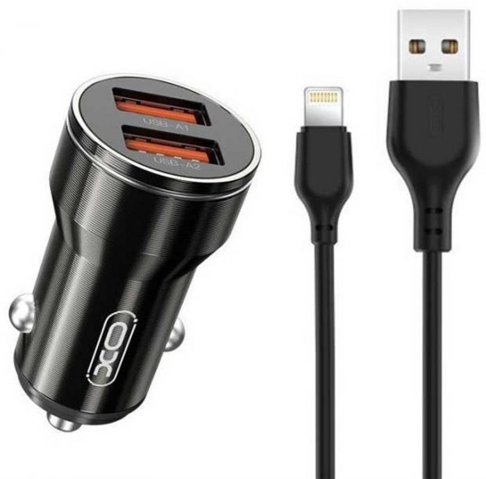 Автомобільний зарядний пристрій XO CC48 Smart Metal (2USB, 2.4A) Black (XO-CC48i-BK) + кабель Lightning