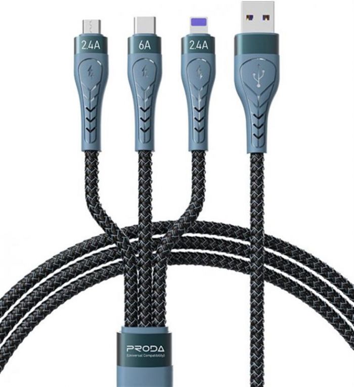 Кабель Proda PD-B74th USB - Lightning/microUSB/USB-C 6А, 1.3м, Black (PD-B74th-BK)