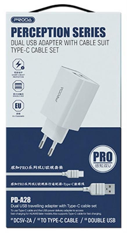 Мережевий зарядний пристрій Proda PD-A28c (2USB 2.4A) White (PD-A28c-WH) + кабель USB Type-C