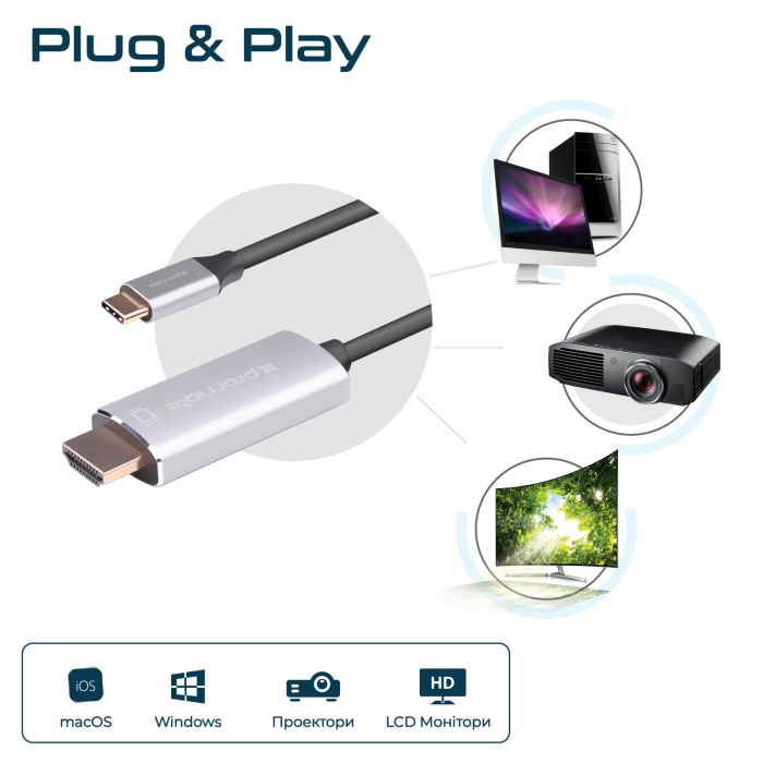 Кабель Promate HDMI - USB Type-C (M/M), 1.8 м, Grey (hdlink-60h.grey)