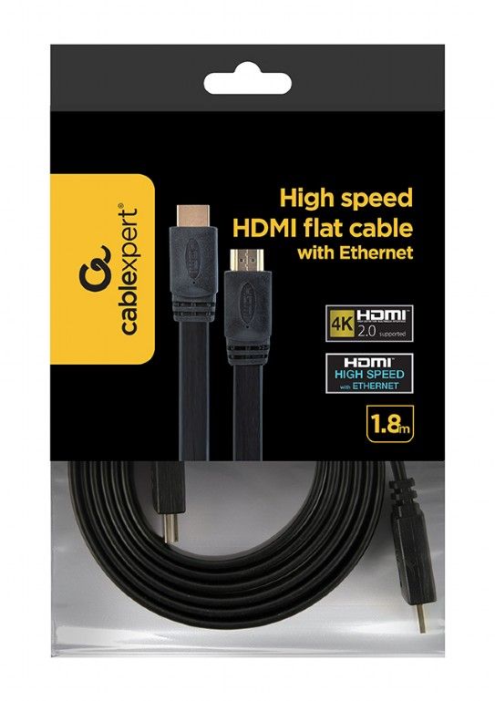 Кабель Cablexpert HDMI - HDMI V 2.0 (M/M), плоский, 1.8 м, чорний (CC-HDMI4F-6) пакет