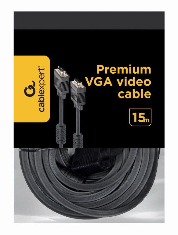 Кабель Cablexpert VGA - VGA (M/M), HD15, з 2-ма фер. кільцями, чорний, 15 м (CC-PPVGA-15M-B) пакет