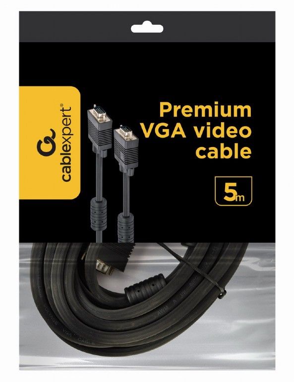 Кабель Cablexpert VGA - VGA HD15M/HD15M з 2-ма фер. кільцями, чорний, 5 м (CC-PPVGA-5M-B) пакет