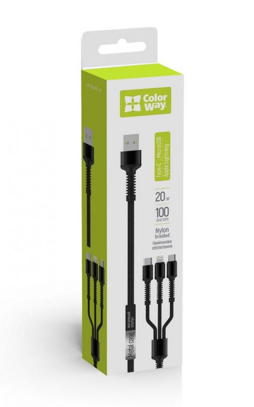 Кабель ColorWay USB - Lightning + micro USB + USB Type-C (M/M), 1.2 м, Dark Grey (CW-CBU3003-GR)