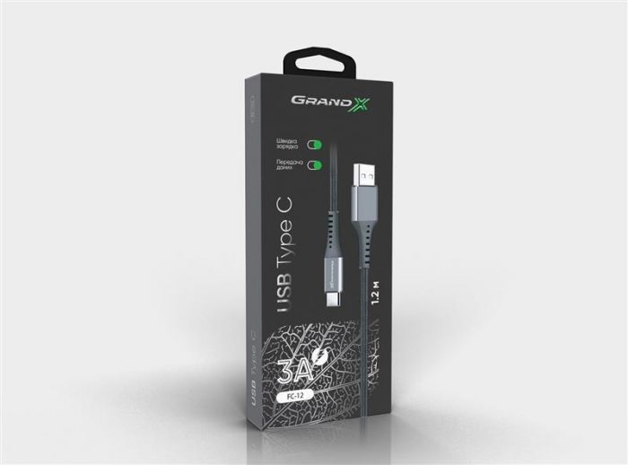 Кабель Grand-X USB-USB Type-C, 3A, 1.2м, Fast Сharge, Grey (FC-12G)