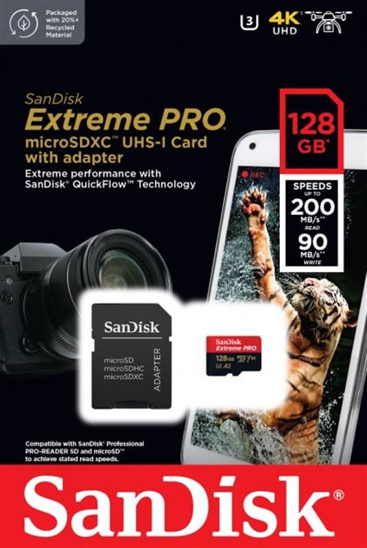 Карта пам`ятi MicroSDXC 128GB UHS-I U3 R200/W90MB/s SanDisk Extreme Pro V30 + SD-адаптер (SDSQXCD-128G-GN6MA)