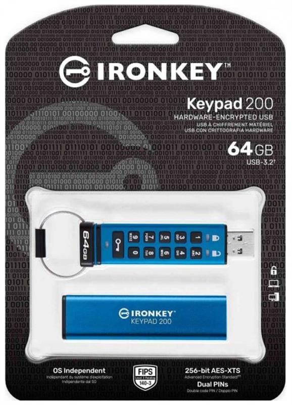 Флеш-накопичувач USB3.2 64GB Kingston IronKey Keypad 200 Type-A Blue (IKKP200/64GB)