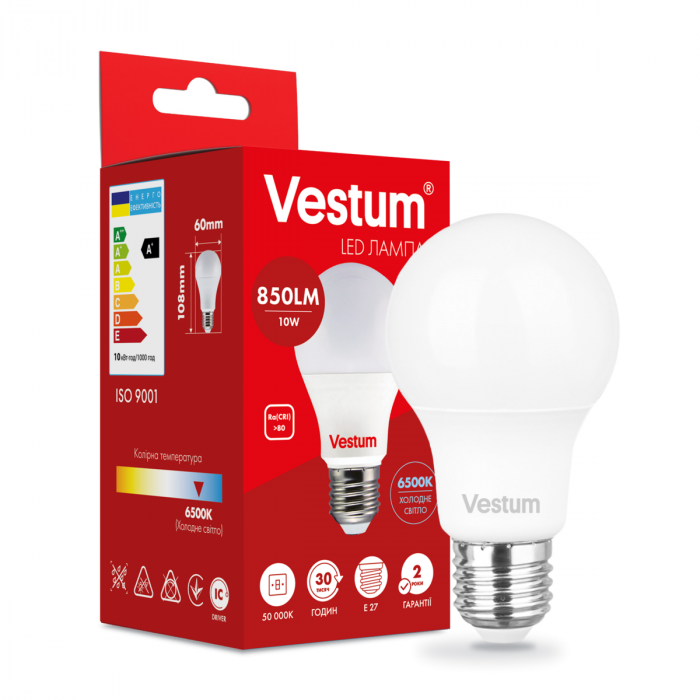 Світлодіодна лампа Vestum A60 10W 6500K 220V E27 1-VS-1114