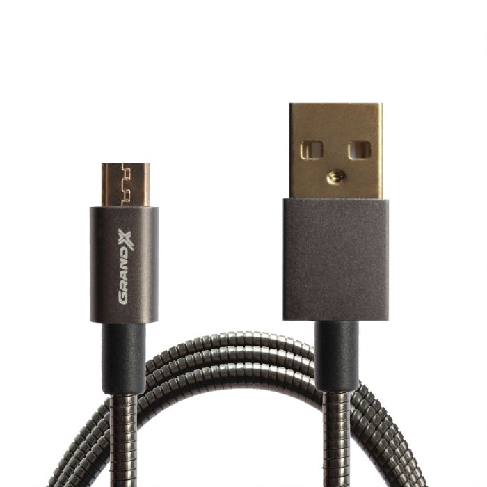 Кабель Grand-X USB-microUSB, Cu, 2,1A, 1m, дод. захист-металеве обплетення, Black (MM-01)